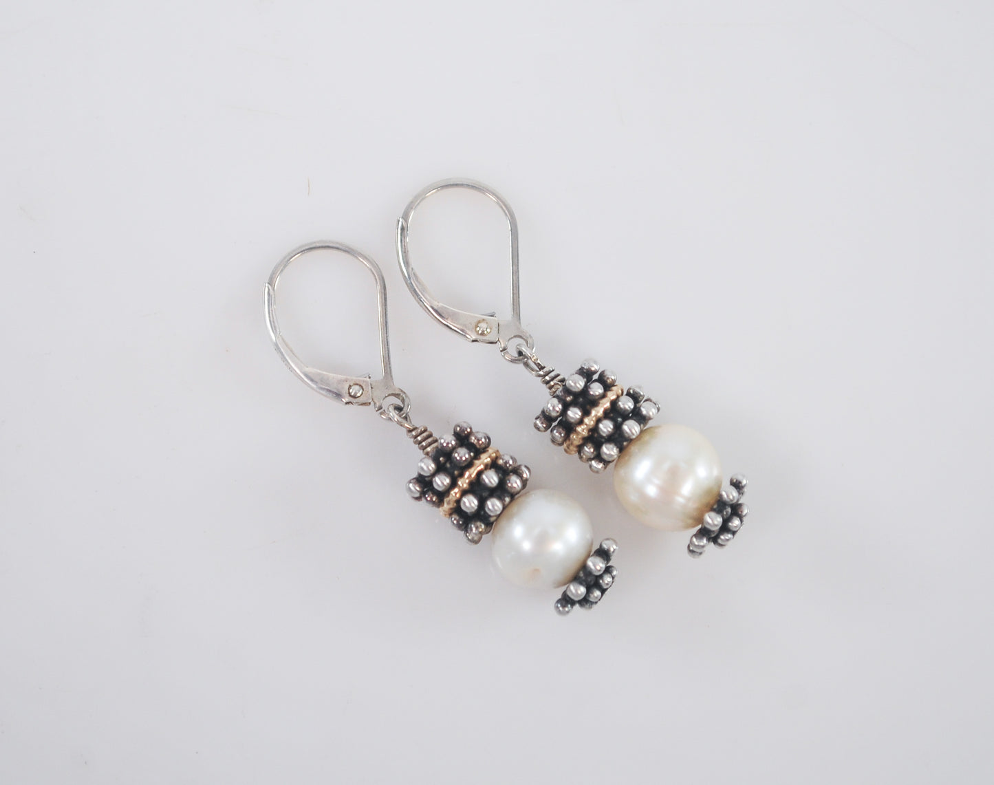 Estate 925 14K Gold White Cultured Pearl Earrings