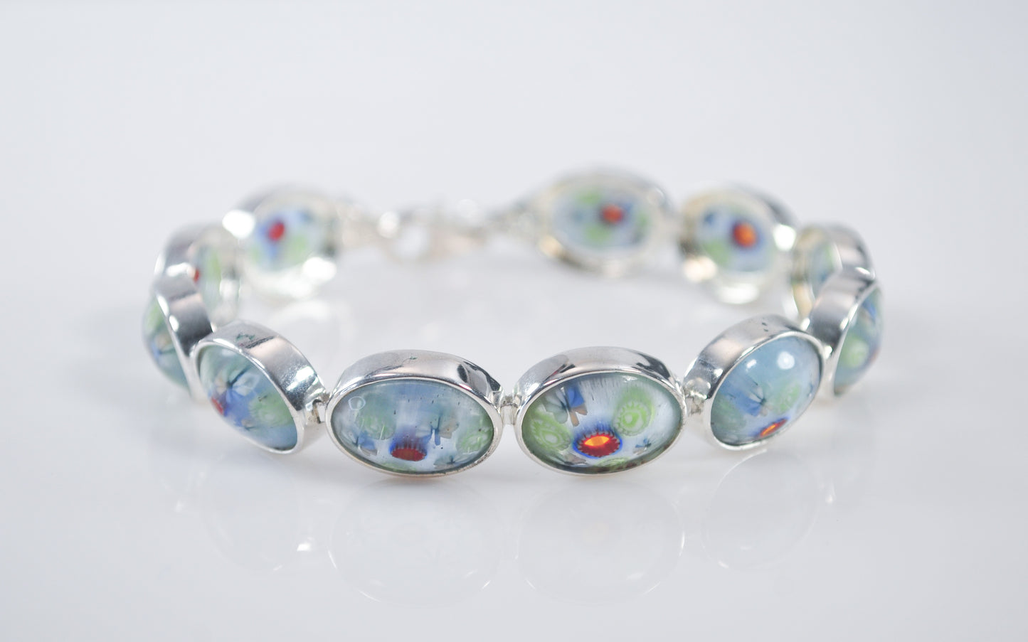 ALF 925 Sterling Silver Millefiori Glass Flower Bracelet