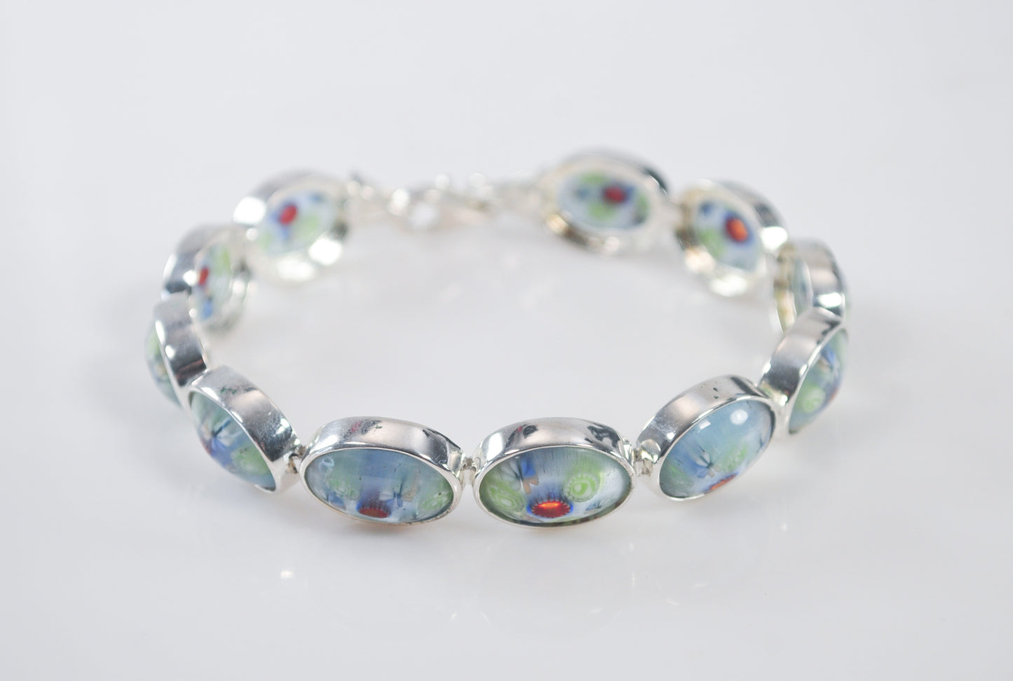 ALF 925 Sterling Silver Millefiori Glass Flower Bracelet