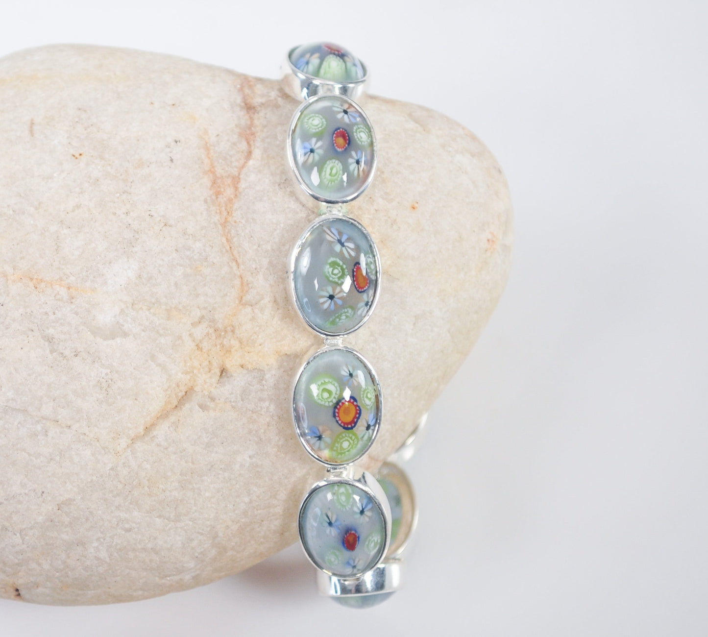 ALF 925 Sterling Silver Millefiori Glass Flower Bracelet