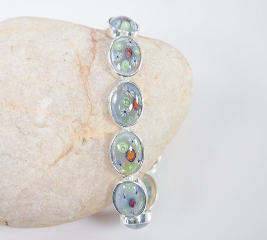 ALF 925 Sterling Silver Millefiori Glass Flower Bracelet