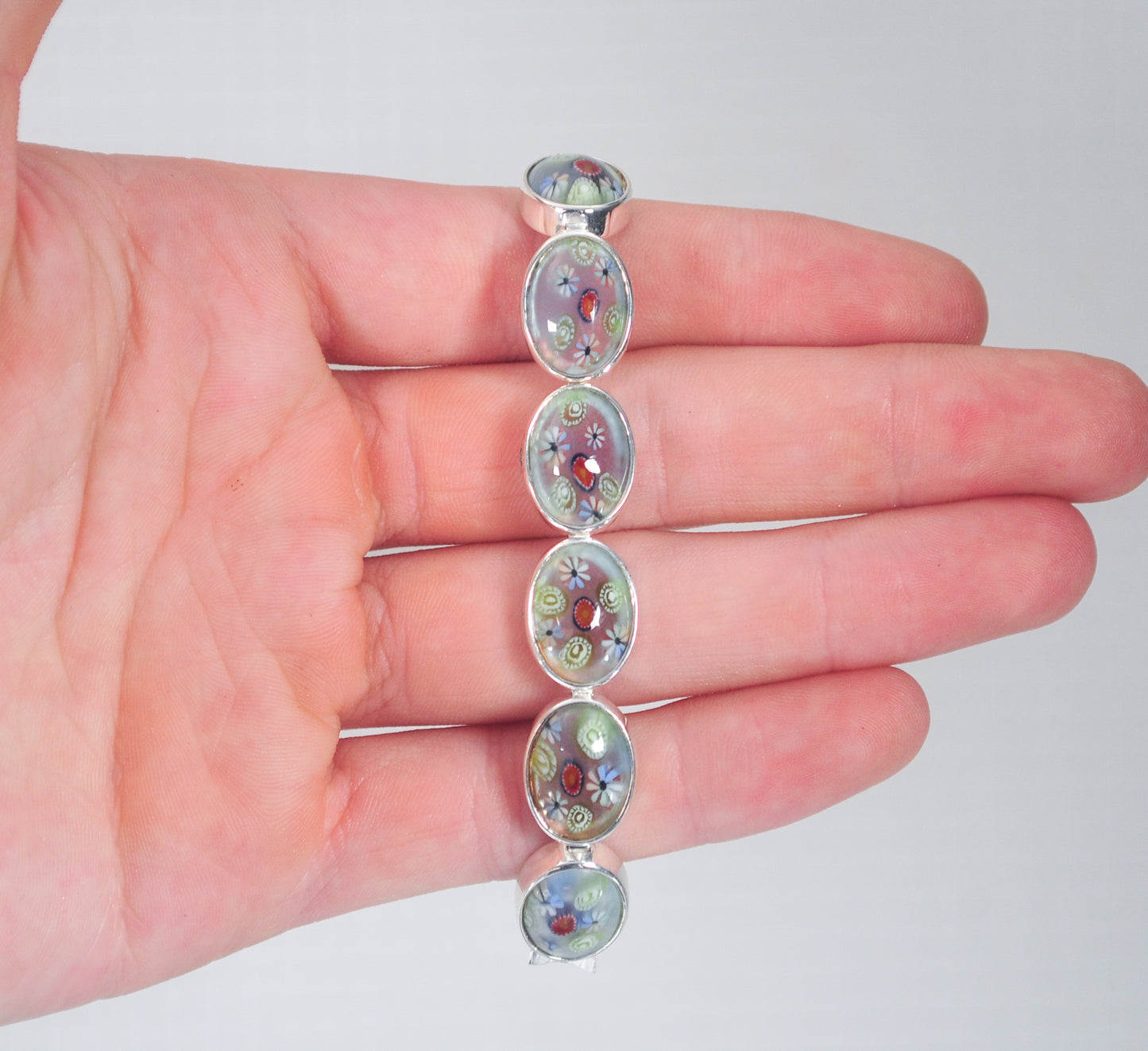 ALF 925 Sterling Silver Millefiori Glass Flower Bracelet