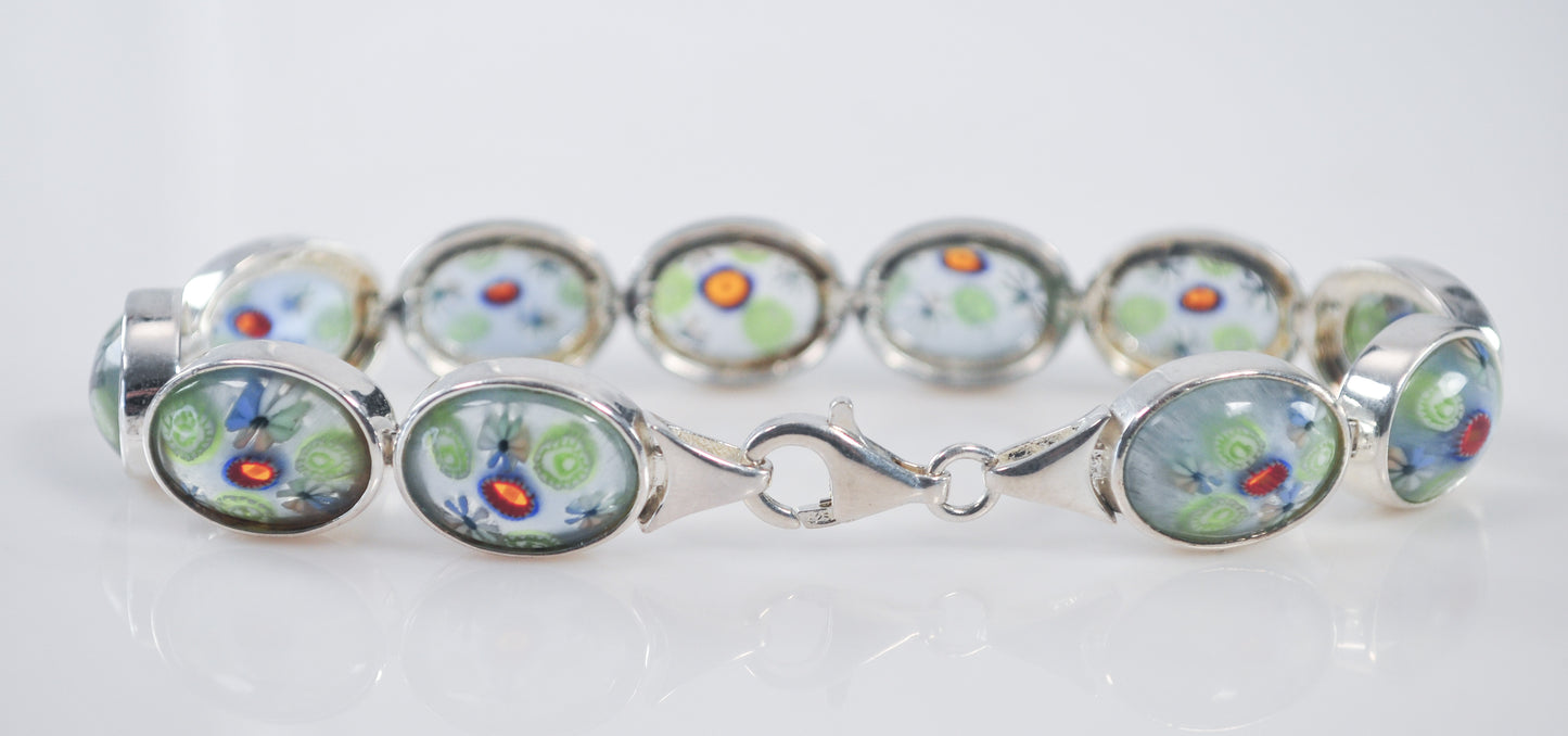 ALF 925 Sterling Silver Millefiori Glass Flower Bracelet