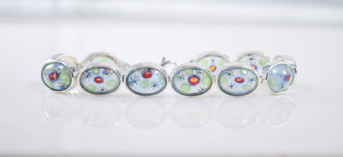 ALF 925 Sterling Silver Millefiori Glass Flower Bracelet