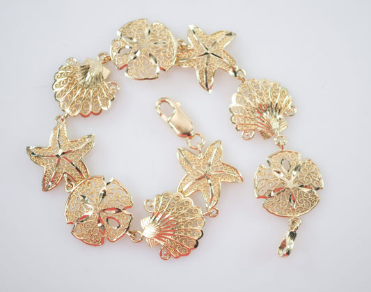 Vintage Signed 14K Gold Shell Starfish Bracelet