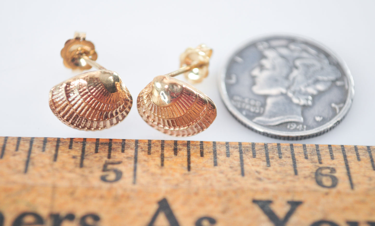 Small Signed 14K Gold Seashell Stud Earrings