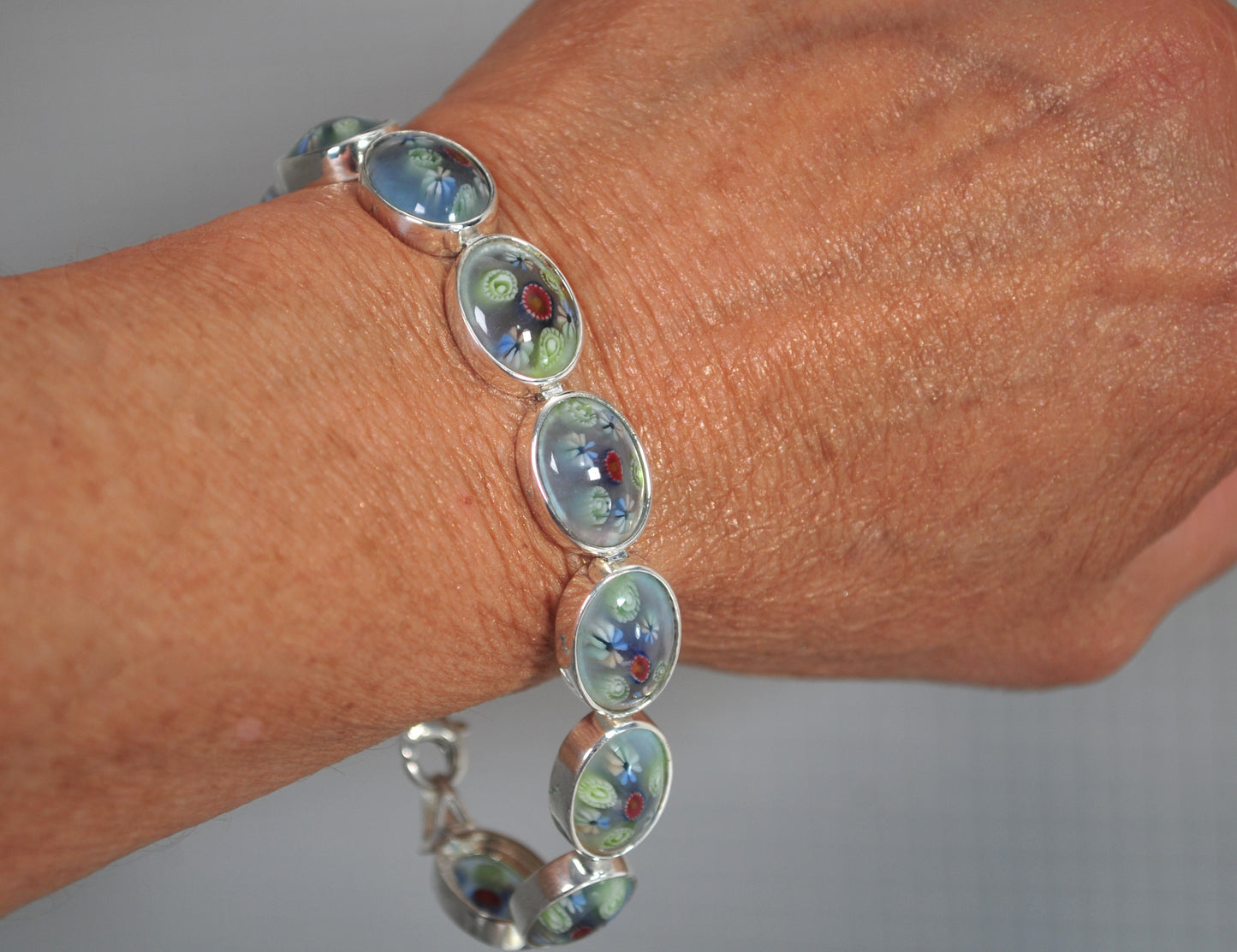 ALF 925 Sterling Silver Millefiori Glass Flower Bracelet