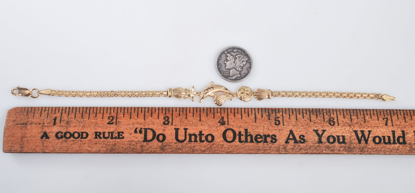 Signed 14K Gold Dolphin Shell Starfish Sand Dollar Bracelet