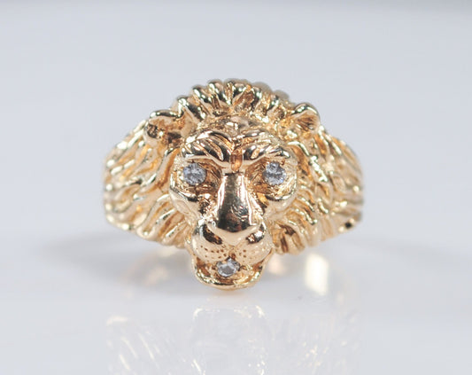 14K Gold Diamond Lion Head Ring