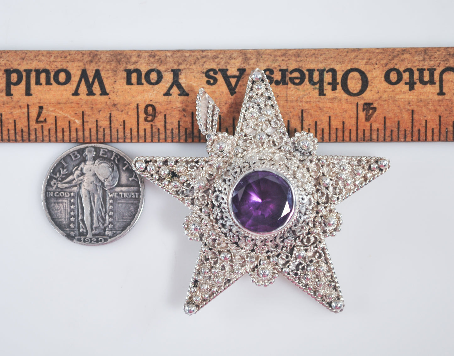 Large Signed Vintage 935 Sterling Silver Jerusalem Star Brooch Pendant