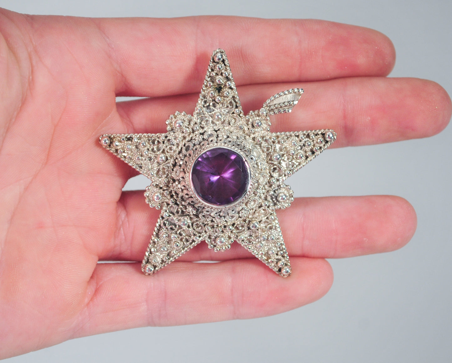 Large Signed Vintage 935 Sterling Silver Jerusalem Star Brooch Pendant