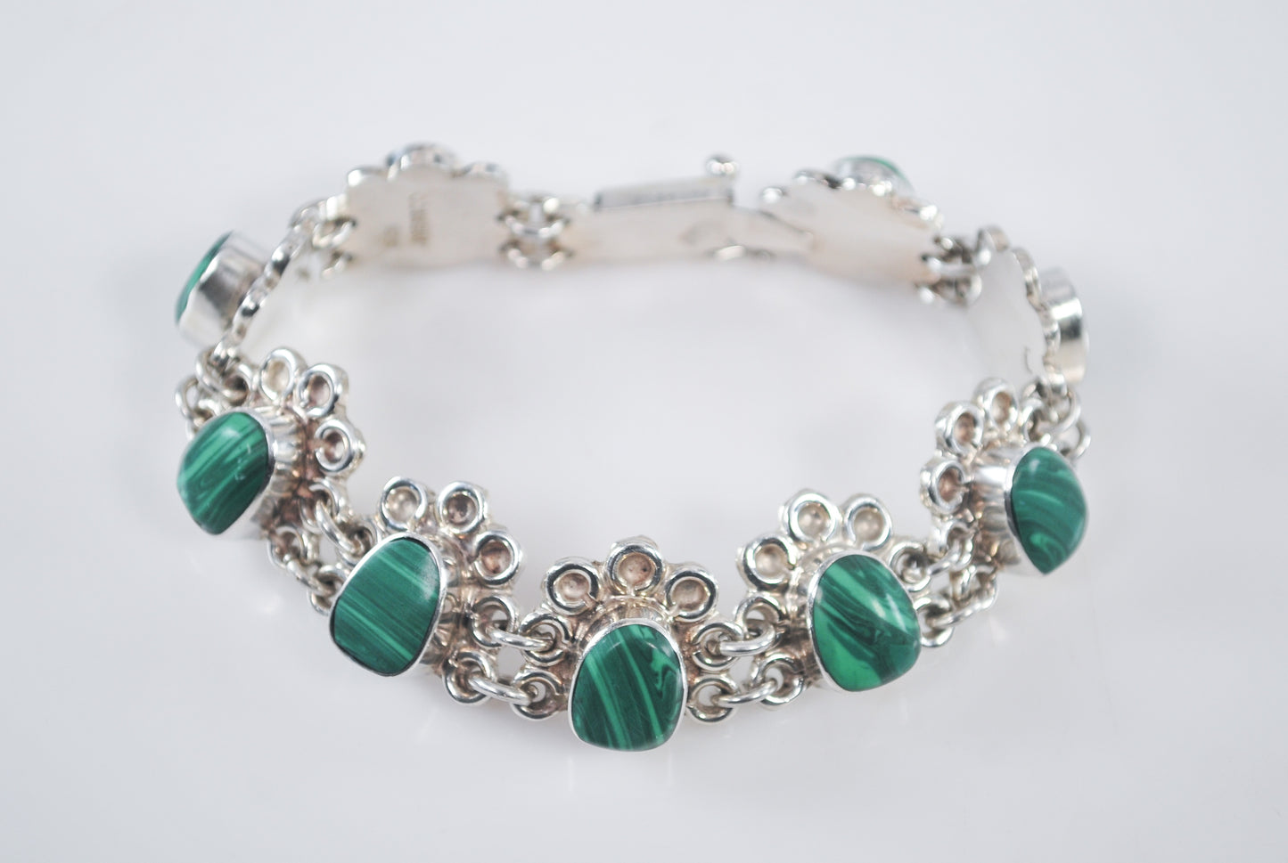 Heavy Vintage 925 Mexico Sterling Silver Malachite Bracelet