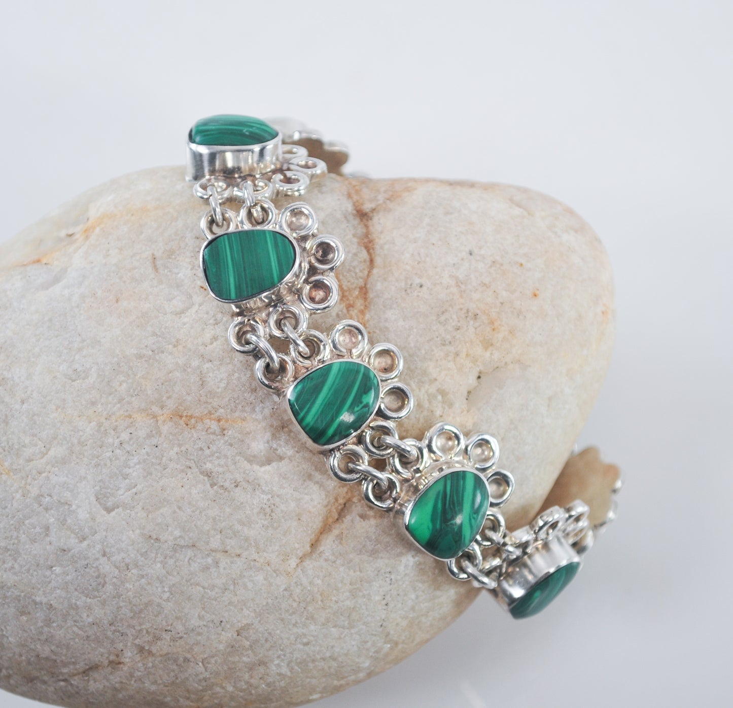 Heavy Vintage 925 Mexico Sterling Silver Malachite Bracelet