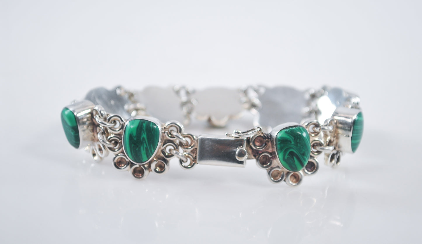 Heavy Vintage 925 Mexico Sterling Silver Malachite Bracelet