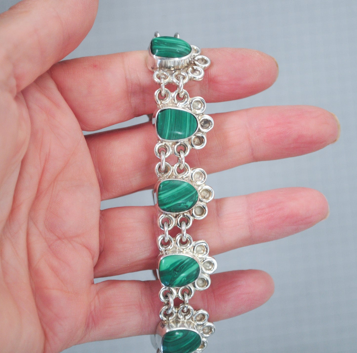 Heavy Vintage 925 Mexico Sterling Silver Malachite Bracelet