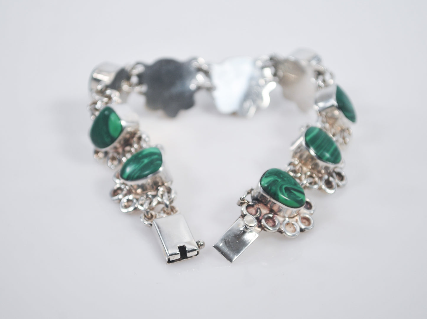 Heavy Vintage 925 Mexico Sterling Silver Malachite Bracelet