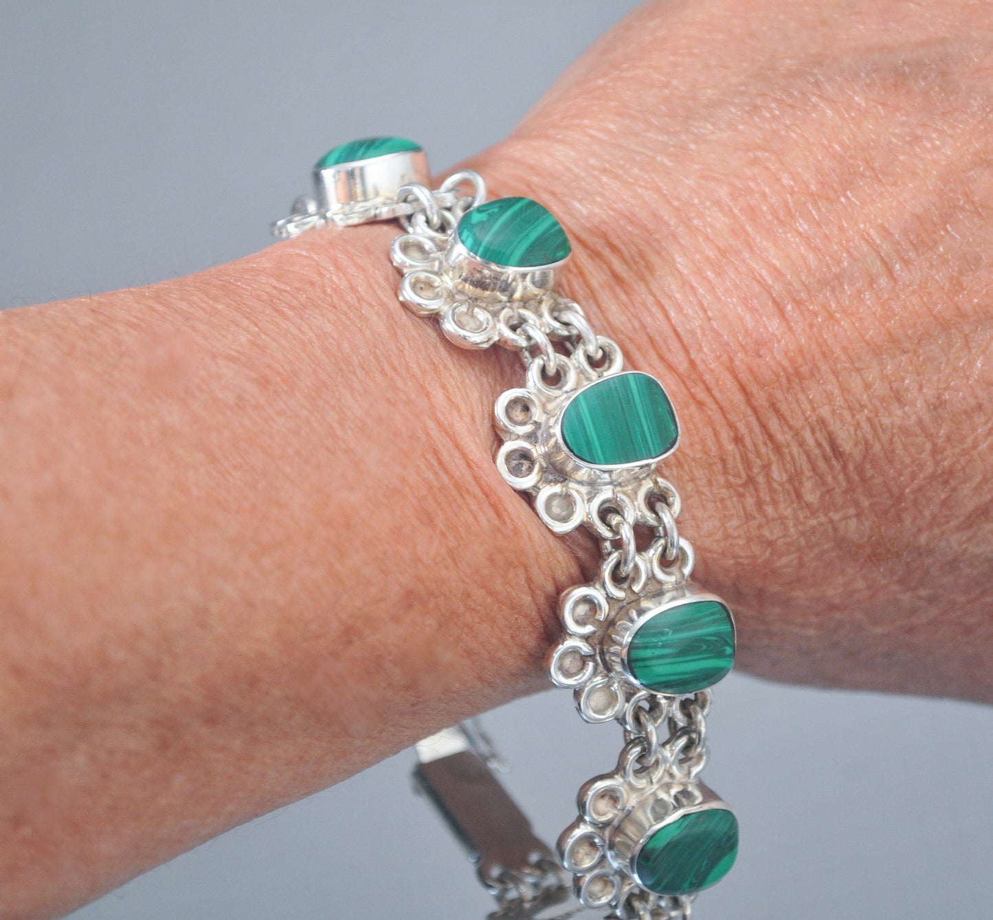 Heavy Vintage 925 Mexico Sterling Silver Malachite Bracelet