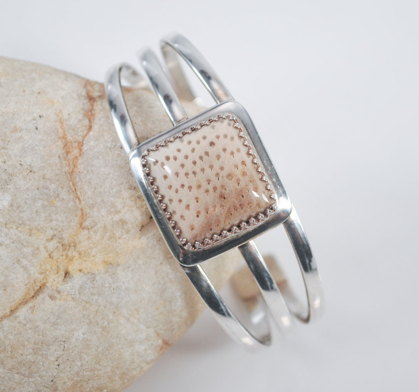 Signed Sterling Silver Fossilized Coral Cuff Bracelet