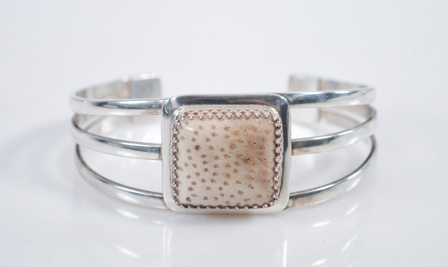 Signed Sterling Silver Fossilized Coral Cuff Bracelet