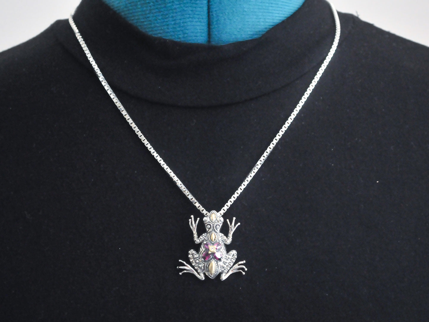 Estate Barbara Bixby Sterling Silver 18K Gold Rhodolite Frog Enhancer Pendant