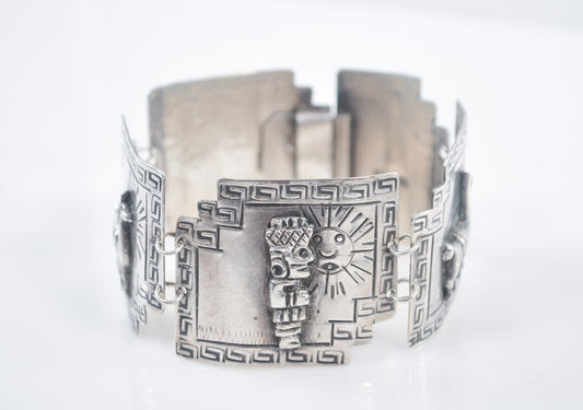 Signed Sterling Silver Peruvian Panel Bracelet