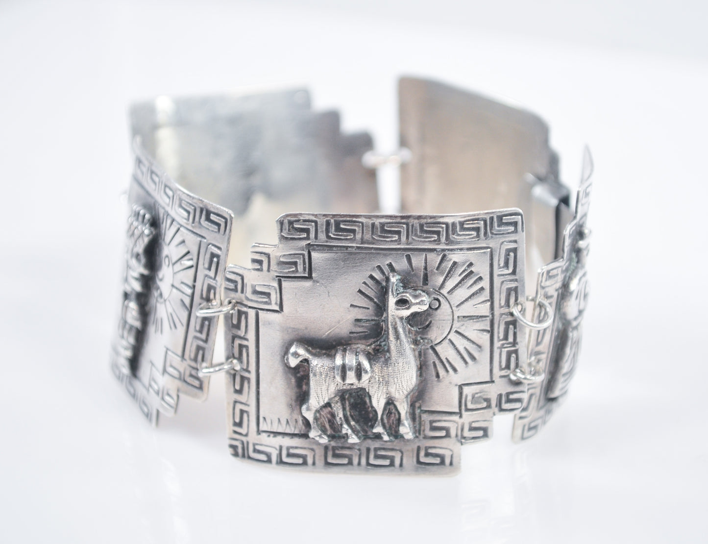 Signed Sterling Silver Peruvian Panel Bracelet