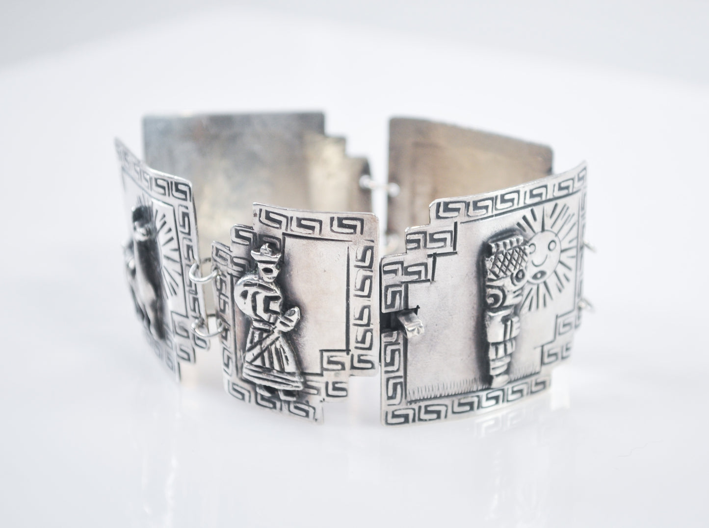 Signed Sterling Silver Peruvian Panel Bracelet