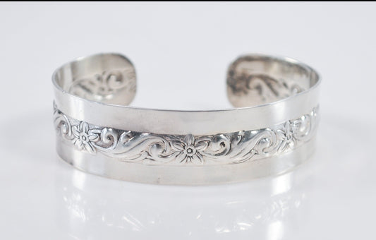 Vintage 925 Sterling Silver Floral Cuff Bracelet