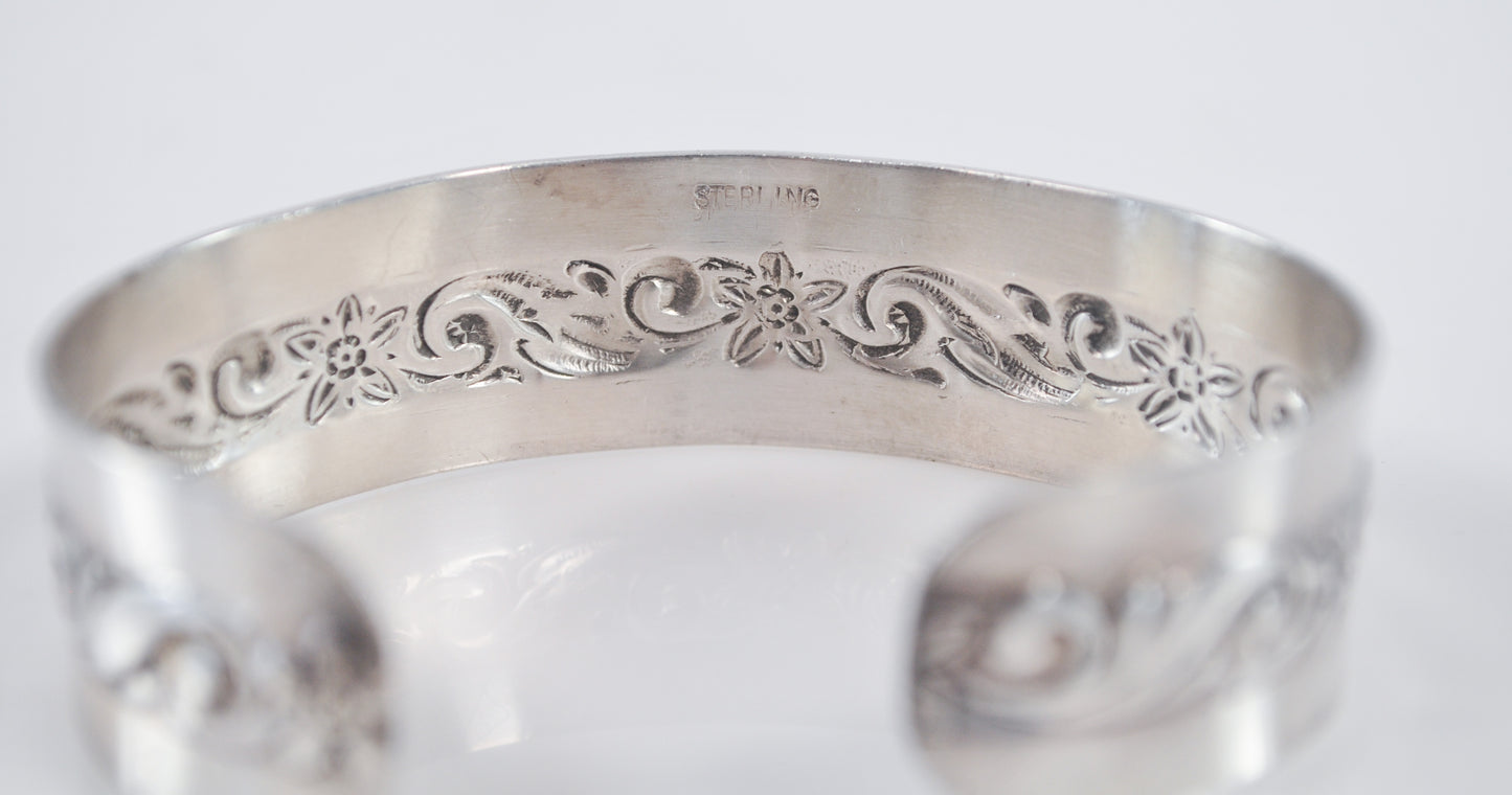 Vintage 925 Sterling Silver Floral Cuff Bracelet