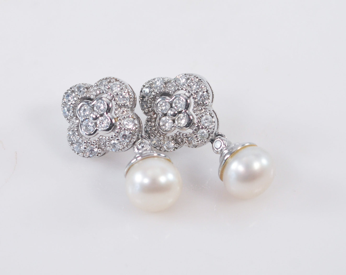 FD 925 Sterling Silver CZ Pearl Earrings