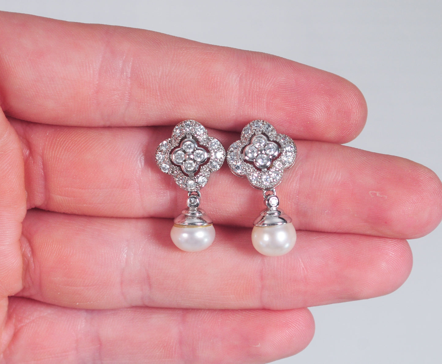 FD 925 Sterling Silver CZ Pearl Earrings