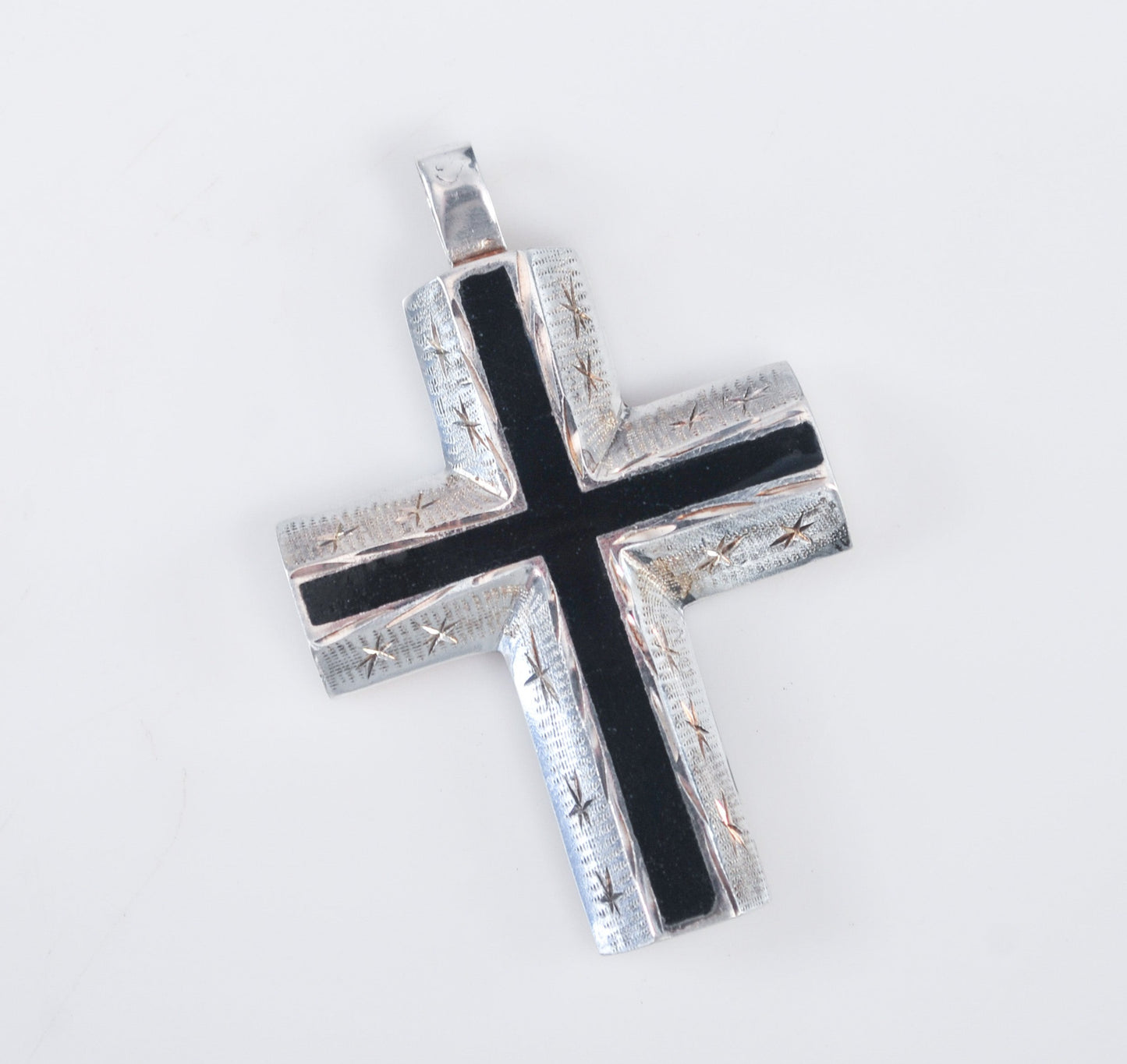 Sterling Silver Diamond Cut Black Onyx Cross Pendant