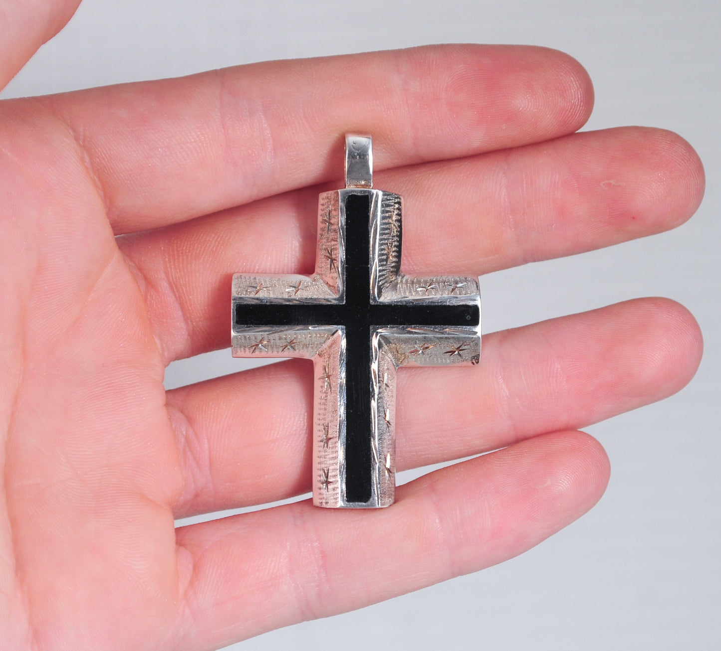 Sterling Silver Diamond Cut Black Onyx Cross Pendant