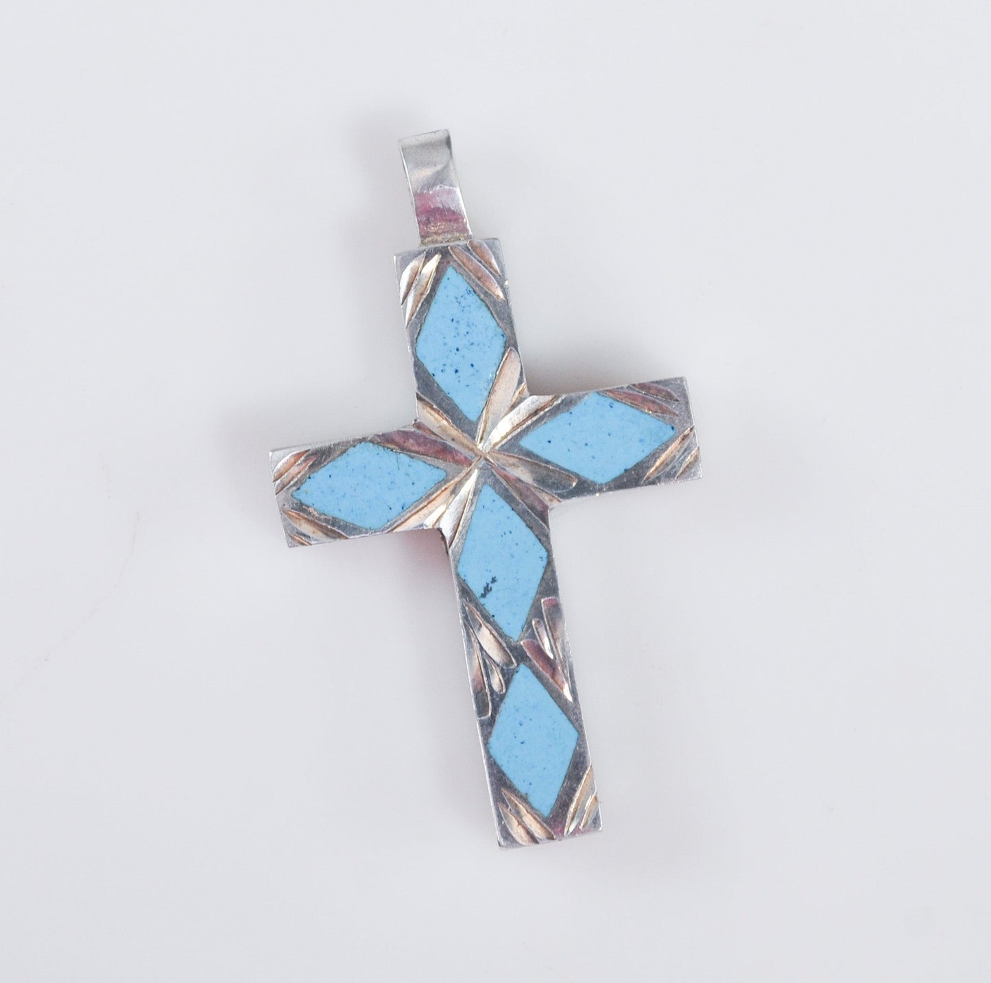 Sterling Silver Diamond Cut Turquoise Inlay Cross Pendant