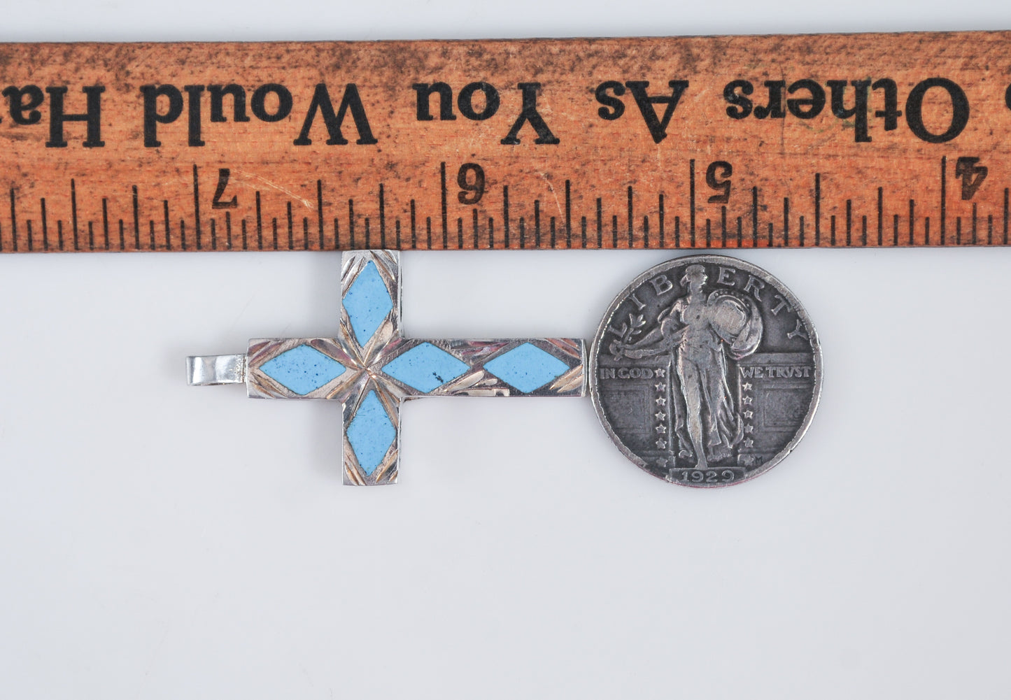 Sterling Silver Diamond Cut Turquoise Inlay Cross Pendant