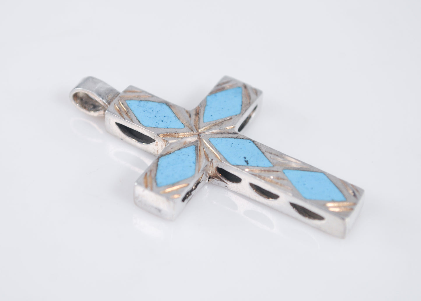 Sterling Silver Diamond Cut Turquoise Inlay Cross Pendant