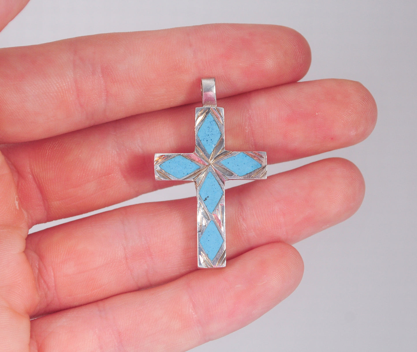 Sterling Silver Diamond Cut Turquoise Inlay Cross Pendant