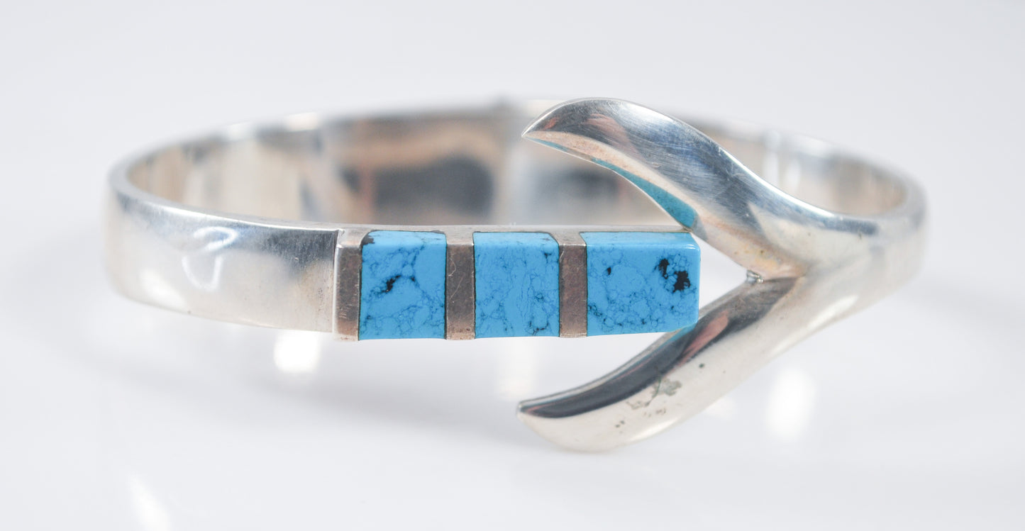 Taxco Sterling Silver Turquoise Inlay Hinged Bangle Bracelet