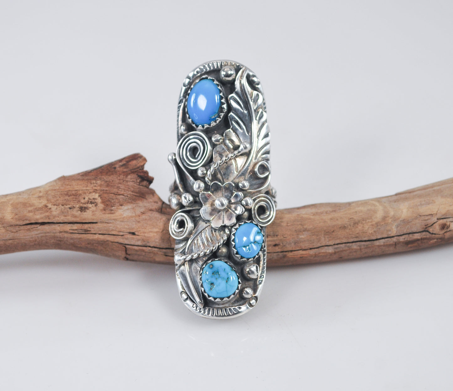 Long Vintage Navajo Sterling Silver Turquoise Leaf Ring