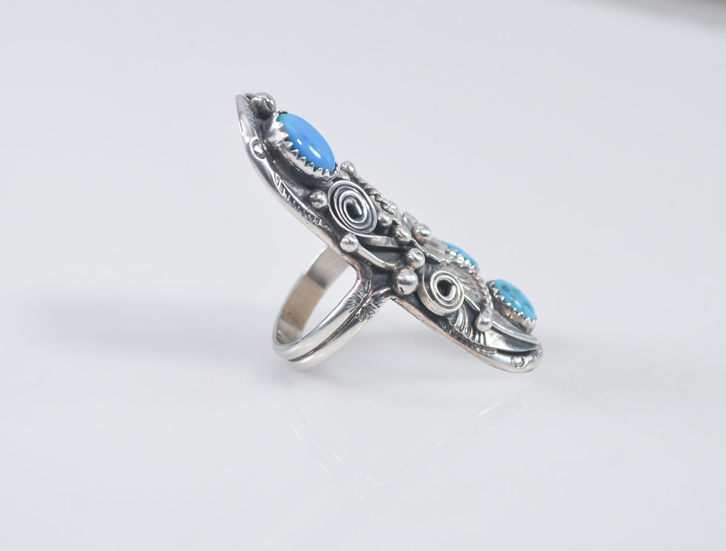 Long Vintage Navajo Sterling Silver Turquoise Leaf Ring