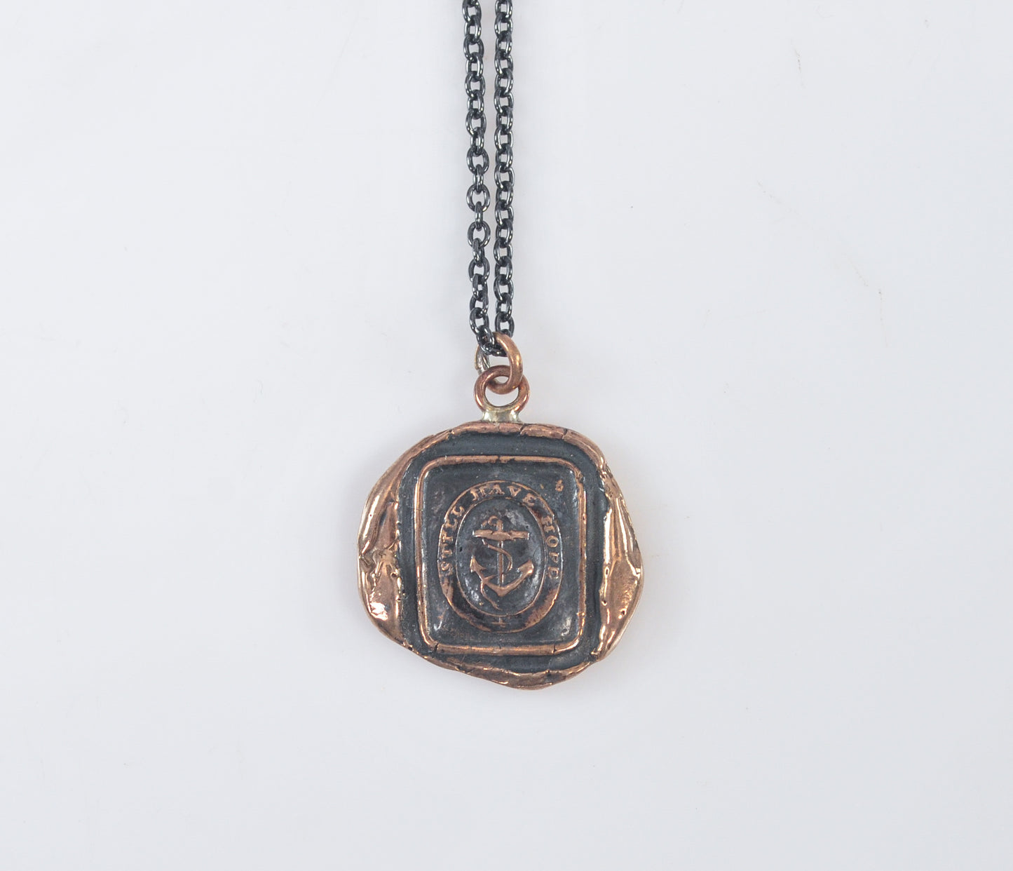 Vintage Pyrrha Bronze and Sterling Silver Hope Wax Seal Talisman Necklace