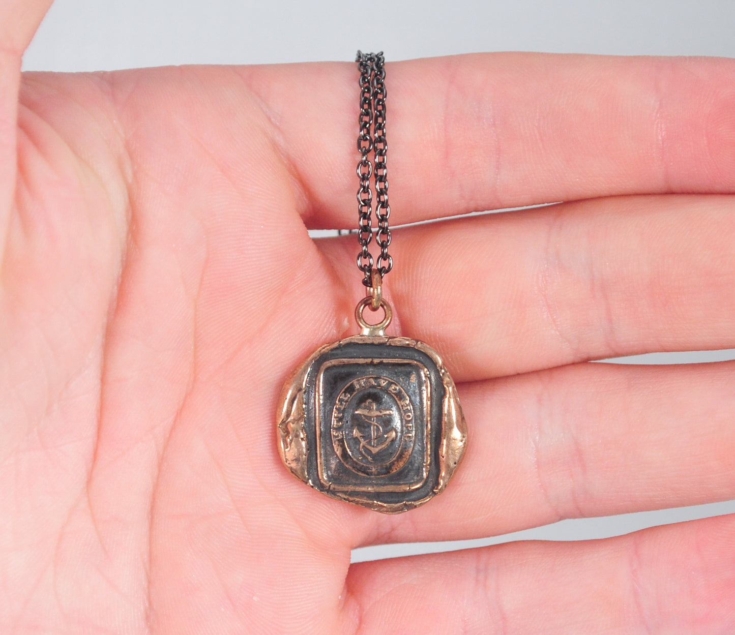 Vintage Pyrrha Bronze and Sterling Silver Hope Wax Seal Talisman Necklace