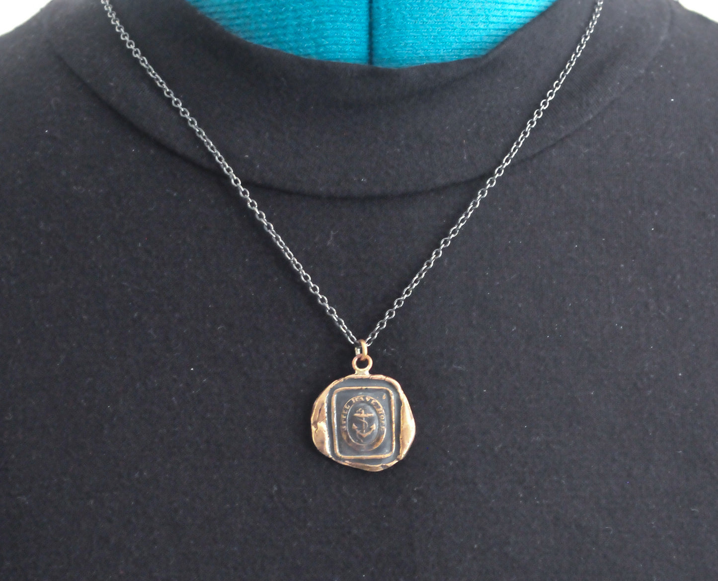 Vintage Pyrrha Bronze and Sterling Silver Hope Wax Seal Talisman Necklace