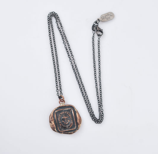 Vintage Pyrrha Bronze and Sterling Silver Hope Wax Seal Talisman Necklace