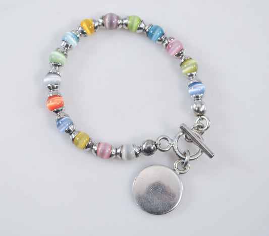 Sterling Silver Colorful Cat's Eye Tag Bracelet, Small Wrist