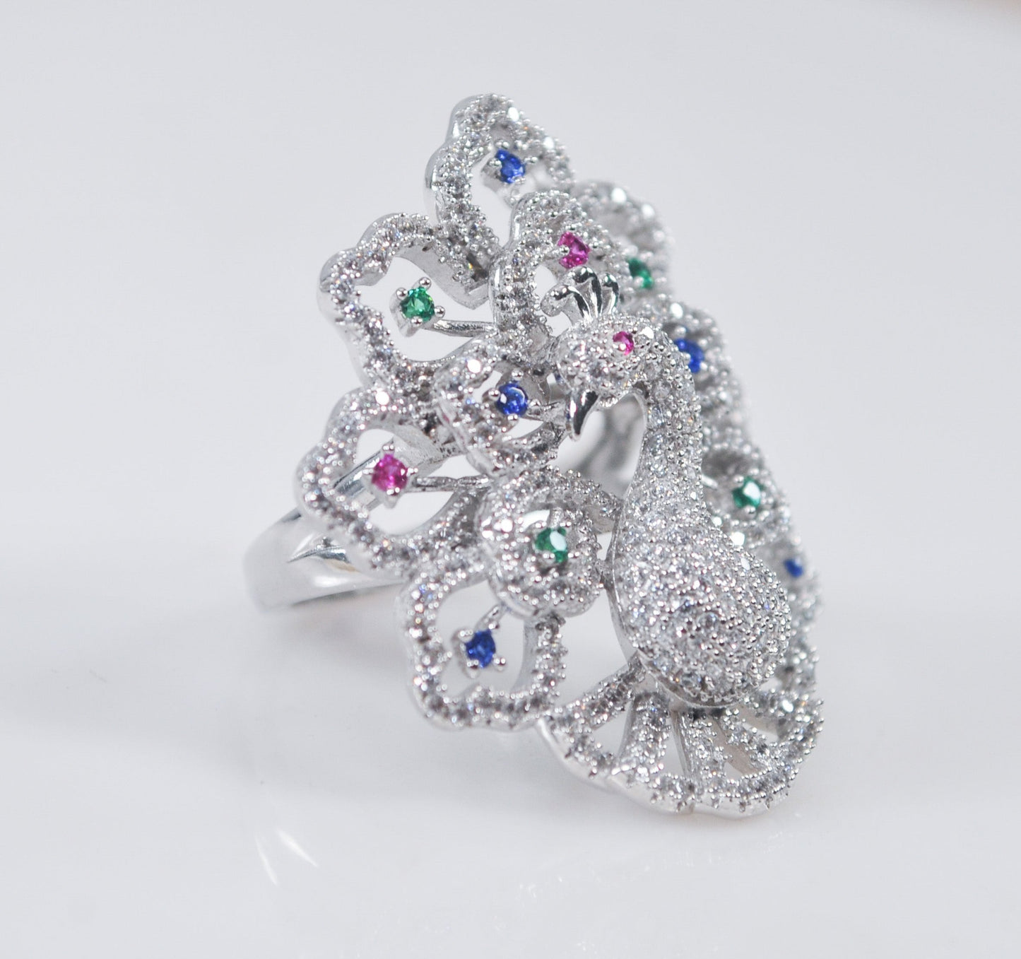 Designer Signed 925 Sterling Silver CZ Peacock Statement Ring