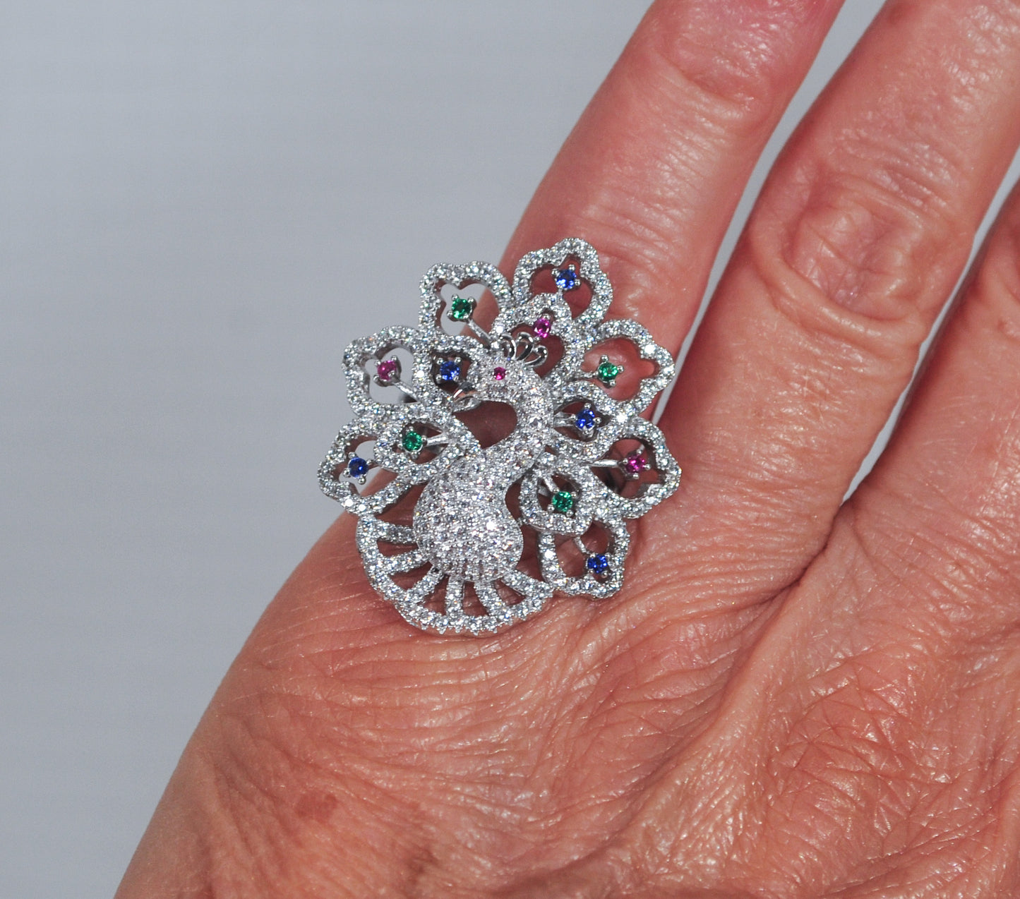 Designer Signed 925 Sterling Silver CZ Peacock Statement Ring