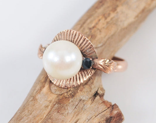 Antique 9K Rose Gold Pearl and Sapphire Ring