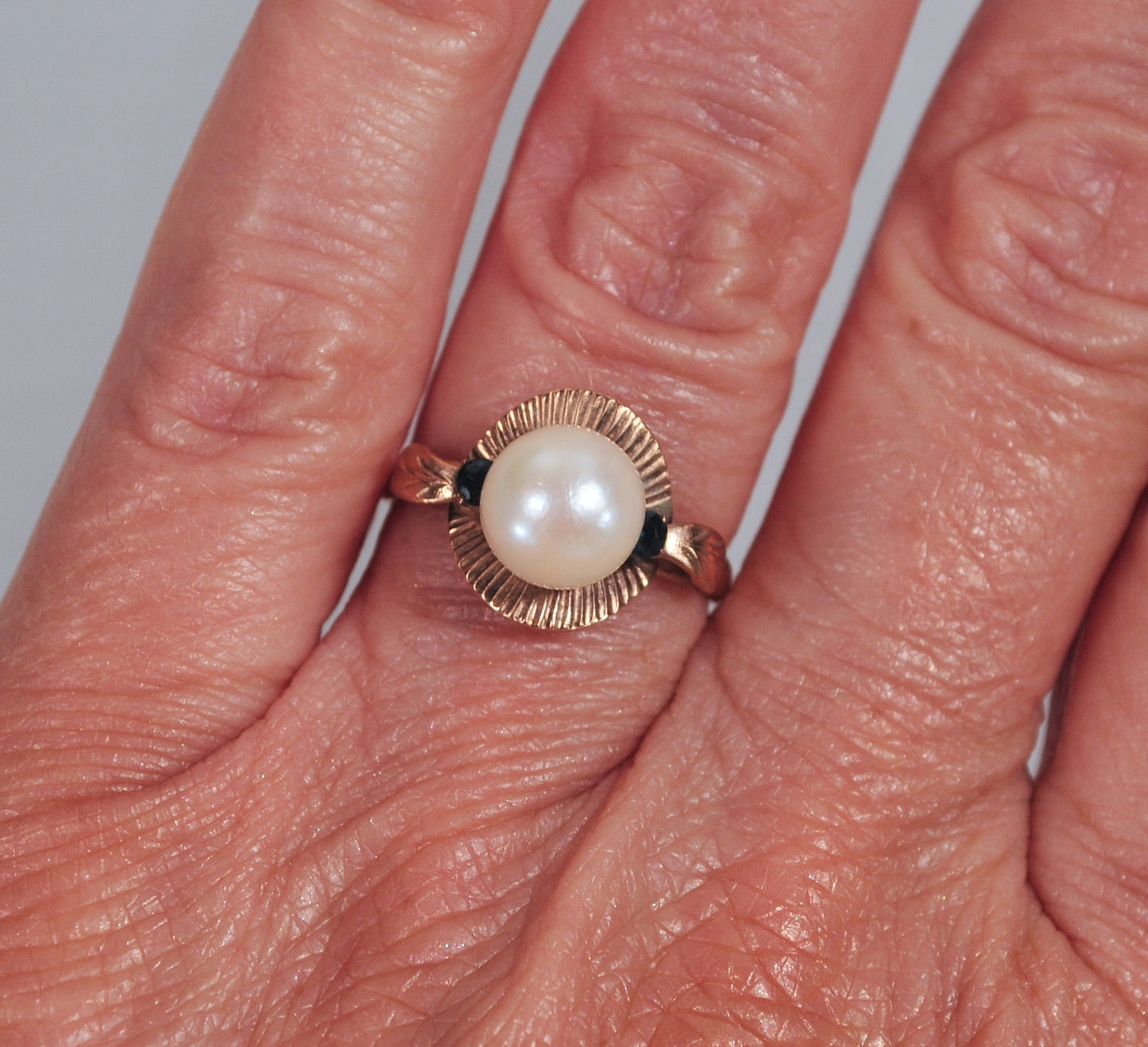 Antique 9K Rose Gold Pearl and Sapphire Ring