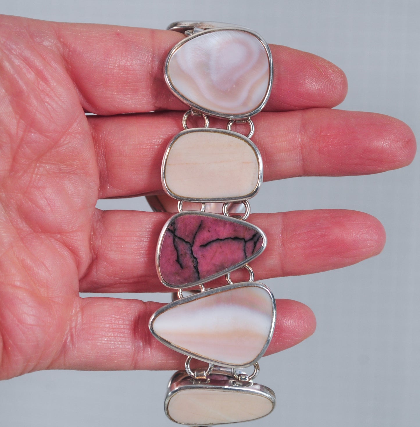 Whitney Kelly Angel Skin Coral, Mother of Pearl, Rhodonite Sterling Silver Bracelet